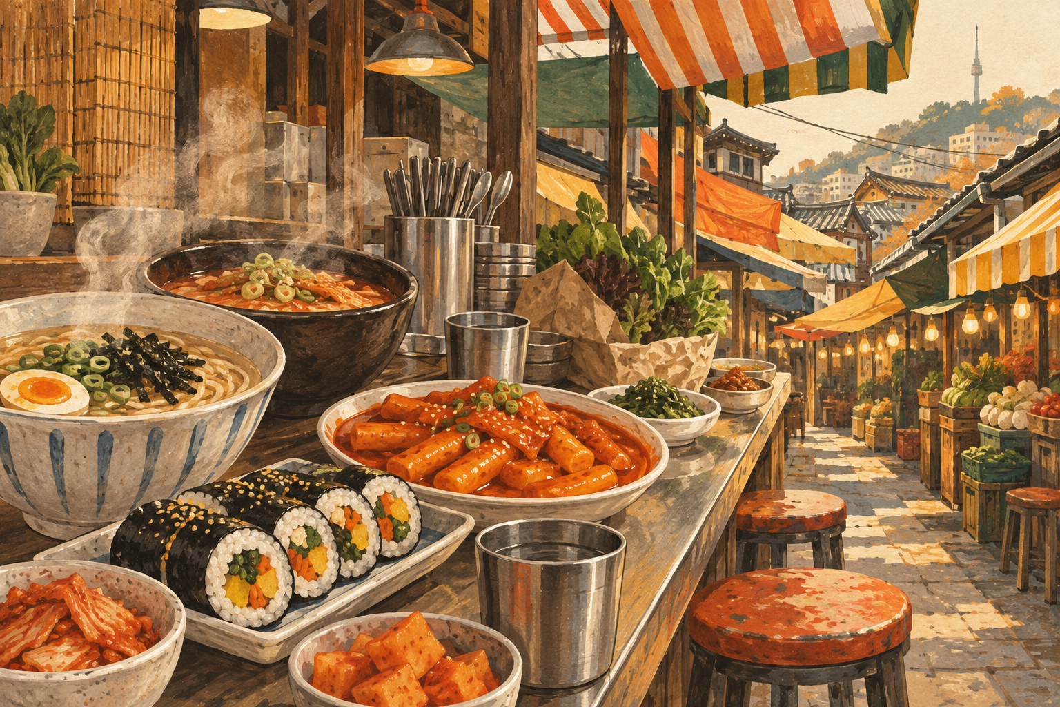ภาพวาดบรรยากาศอาหารและตลาดริมถนน